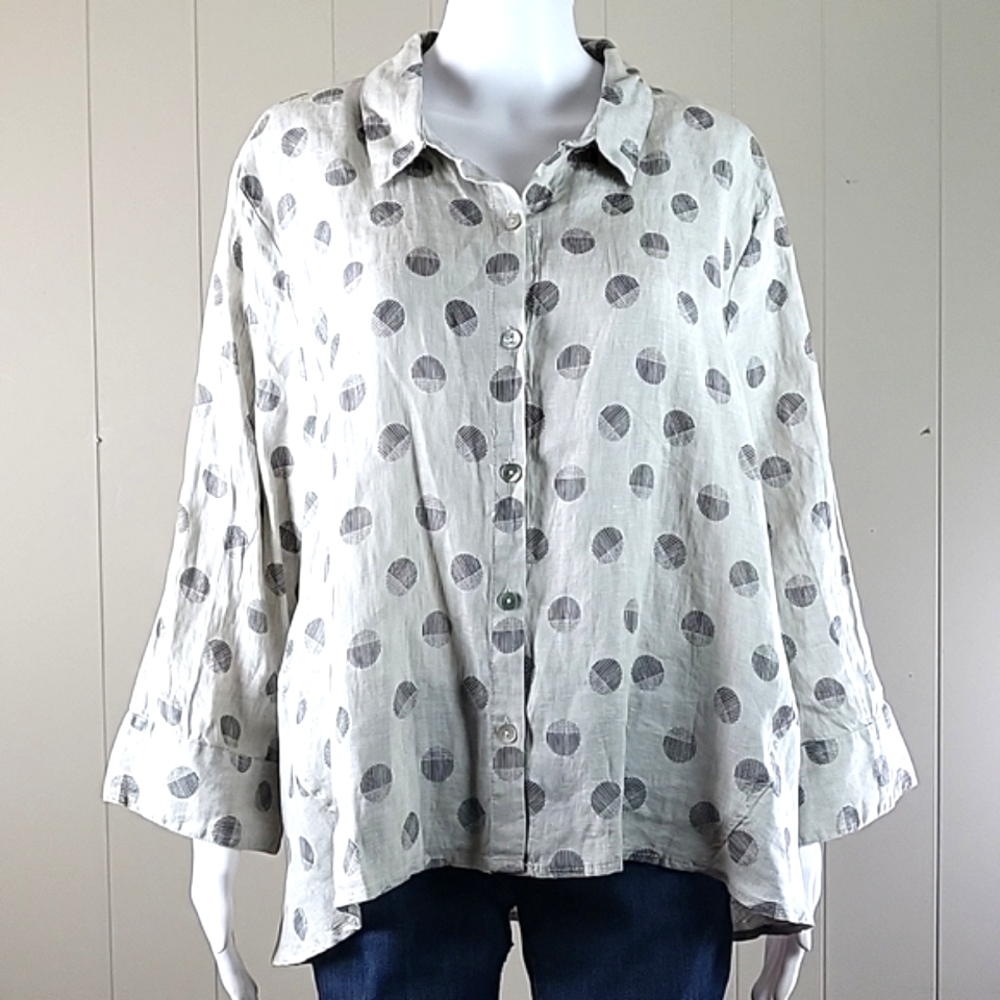 Habitat 100% Linen Loose button-down Long Sleeve Top Abstract Dot Print XL/XLL